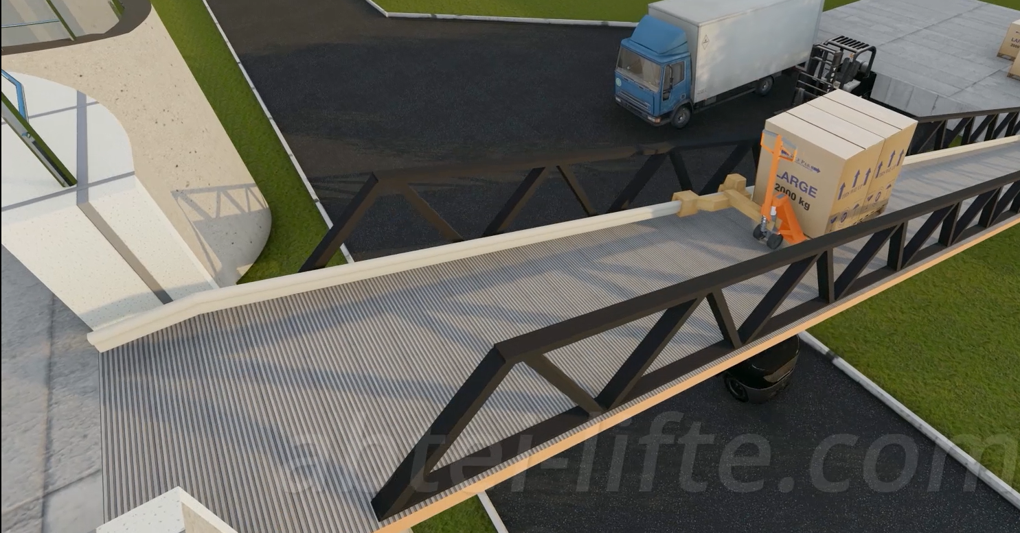Industrial ramp lift for inclination until 45 degree and load of 2.000 kg.
